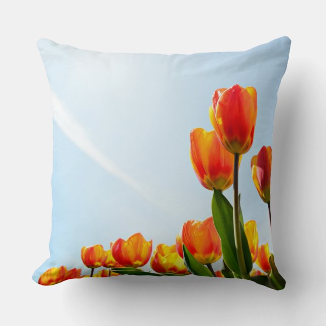 Orange and red tulips from below throw pillow (Front)