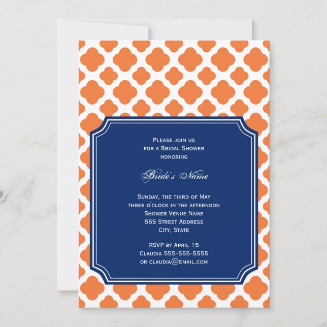 Orange and Royal Blue Quatrefoil Bridal Shower Invitation (Front)