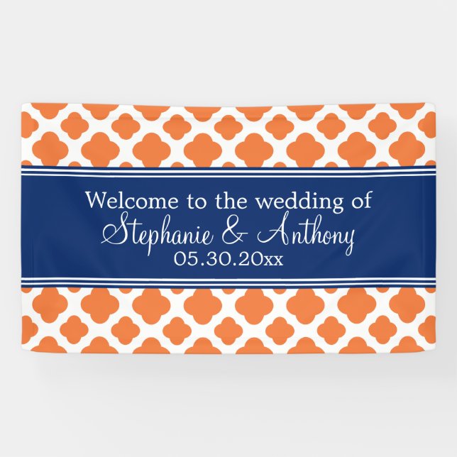 Orange and Royal Blue Quatrefoil Wedding Banner (Horizontal)