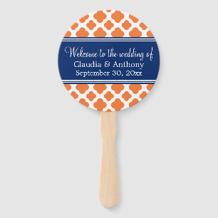 Orange and Royal Blue Quatrefoil Wedding Hand Fan