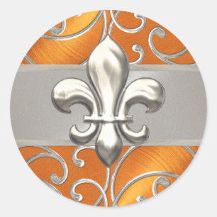 Orange and Silver Filigree Swirls Fleur de Lis Classic Round Sticker