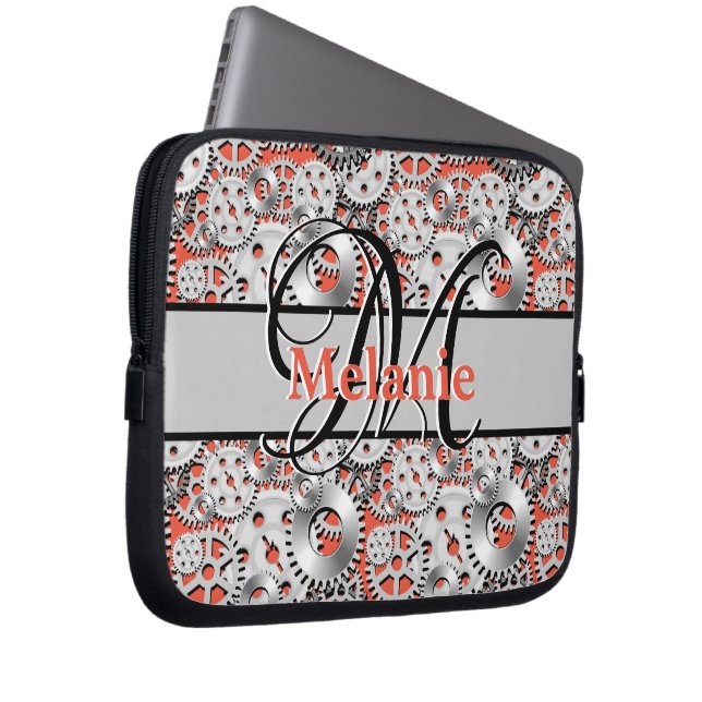 Orange and Silver Gears Customizable, Personalized Laptop Sleeve (Front Right)