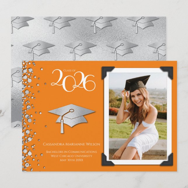 Orange and Silver Graduation Announcement Photo (Front/Back)