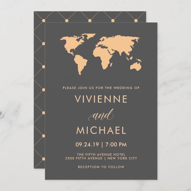Orange and Smoky Grey World Map Wedding Invitation (Front/Back)