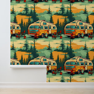 Orange and Teal Blue Retro Campers Wallpaper