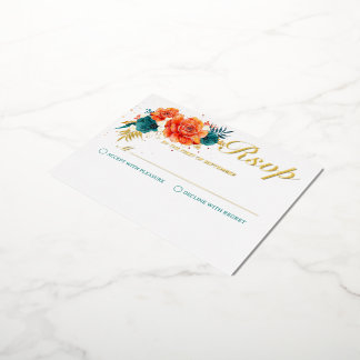 Orange and Teal Floral Wedding RSVP Foil Invitation Postcard