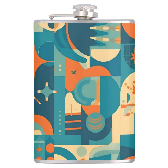 Orange and Teal Geometric Abstract Hip Flask (Front)