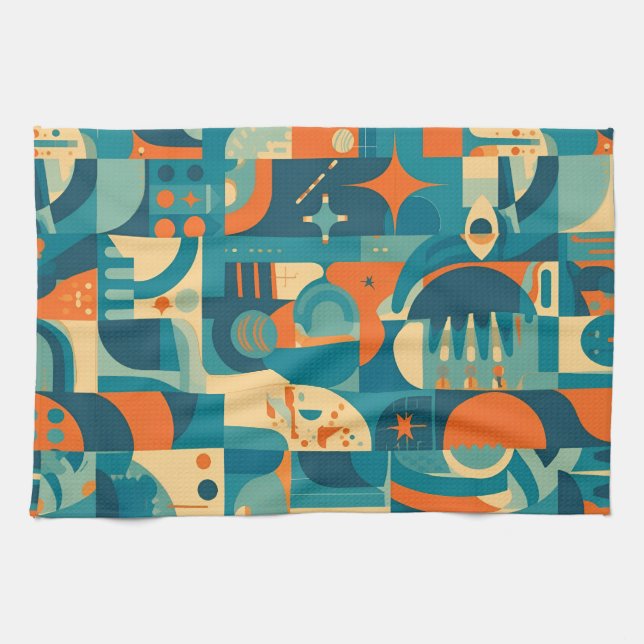 Orange and Teal Geometric Abstract Kitchen Towel (Horizontal)