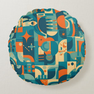 Orange and Teal Geometric Abstract Round Pillow