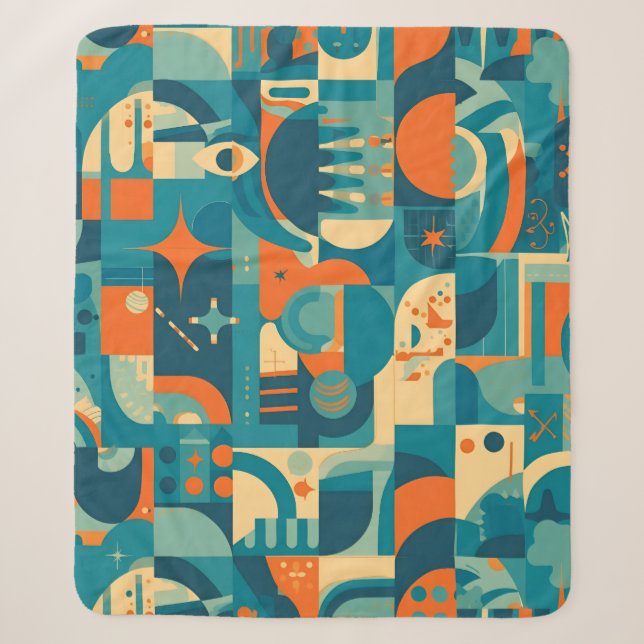 Orange and Teal Geometric Abstract Sherpa Blanket (Front)