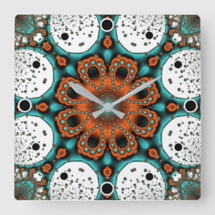 Orange and Teal Green fractal Flower Square Wall Clock