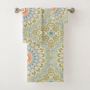 Orange and Teal Mandala Pattern with Gold Accents Bath Towel Set