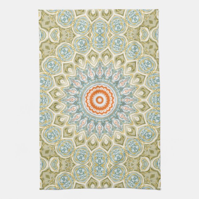Orange and Teal Mandala Pattern with Gold Accents Kitchen Towel (Vertical)