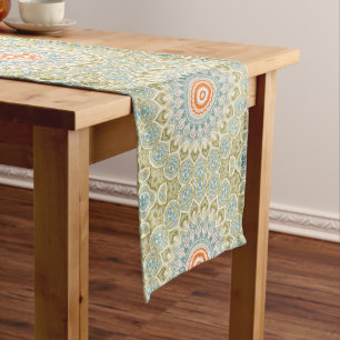 Orange and Teal Mandala Pattern with Gold Accents Medium Table Runner