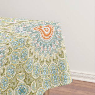 Orange and Teal Mandala Pattern with Gold Accents Tablecloth