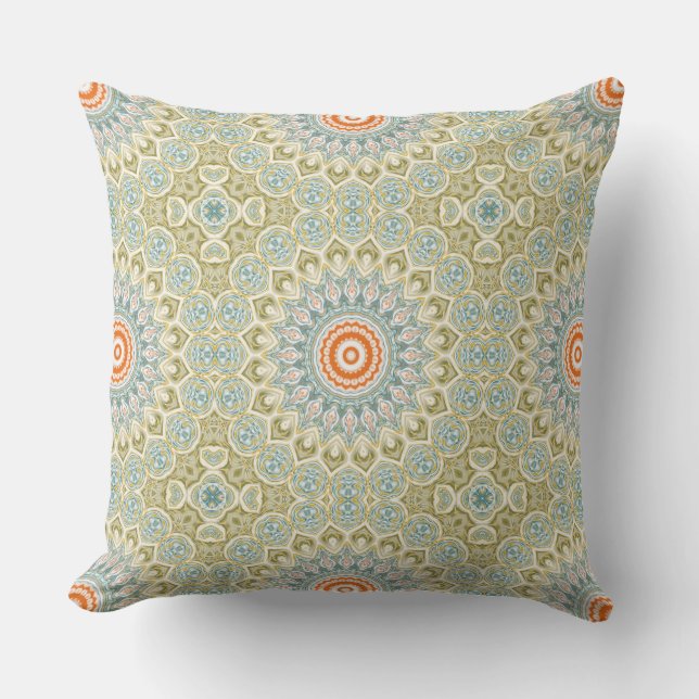 Orange and Teal Mandala Pattern with Gold Accents Throw Pillow (Front)
