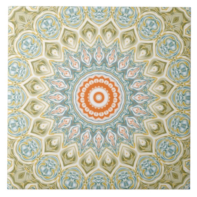 Orange and Teal Mandala Pattern with Gold Accents Tile (Front)