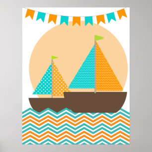 Orange and Teal Nautical Sailboat Nursery Poster
