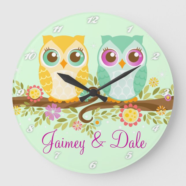 Orange and Teal Owls - Custom Wall Clock (Front)
