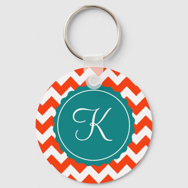 Orange and Teal Zig Zag Custom Initial Keychain (Front)