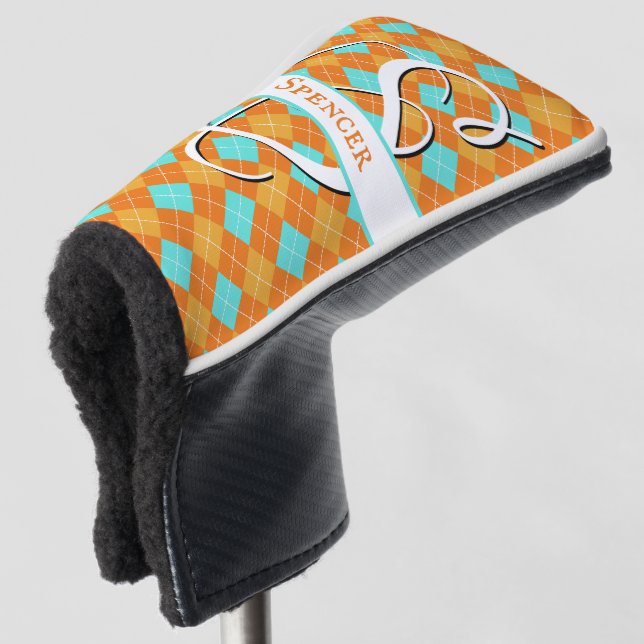 Orange and Turquoise Argyle Preppy Classy Golfing Golf Head Cover (3/4 Front)