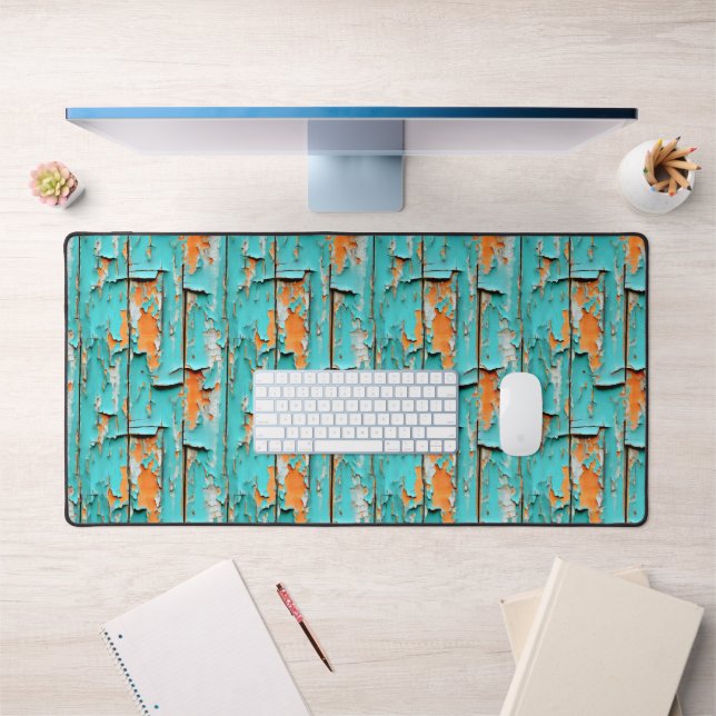 Orange and Turquoise Blue Weathered Wood Desk Mat (Office 1)