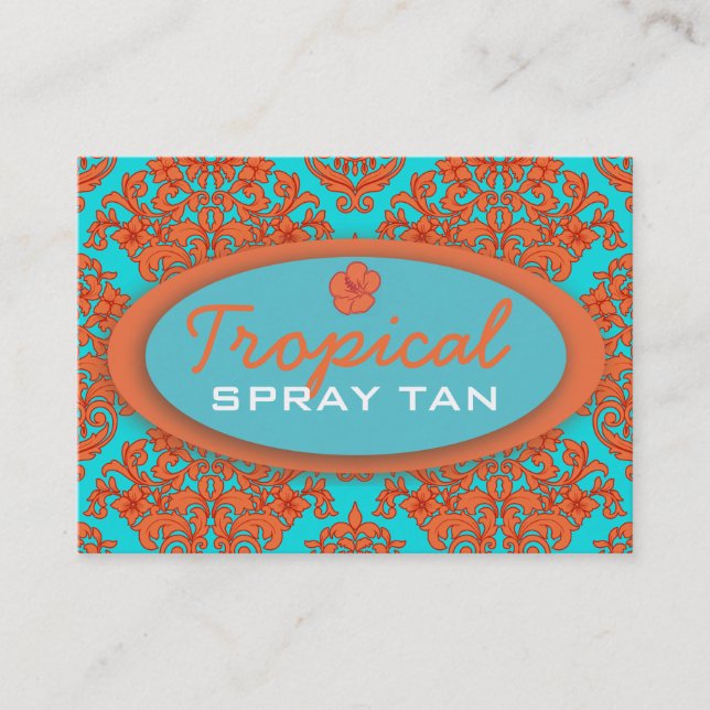 Orange and Turquoise Damask Business Card (Front)