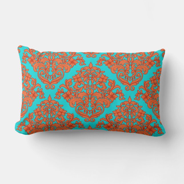 Orange and Turquoise Damask Lumbar Pillow (Front)