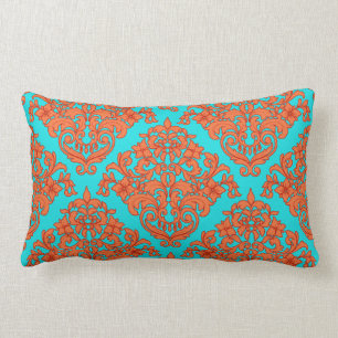 Orange and Turquoise Damask Lumbar Pillow