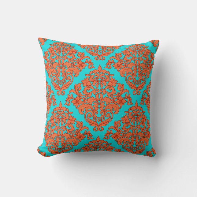 Orange and Turquoise Damask Throw Pillow (Front)