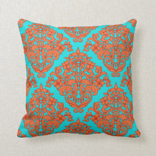 Orange and Turquoise Damask Throw Pillow