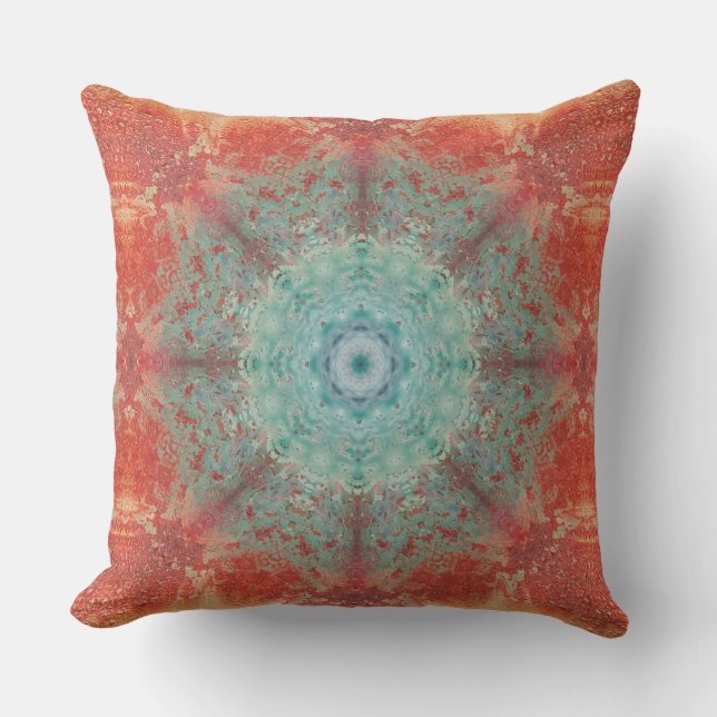 Orange and Turquoise Mandala Intricate Abstract Outdoor Pillow (Front)