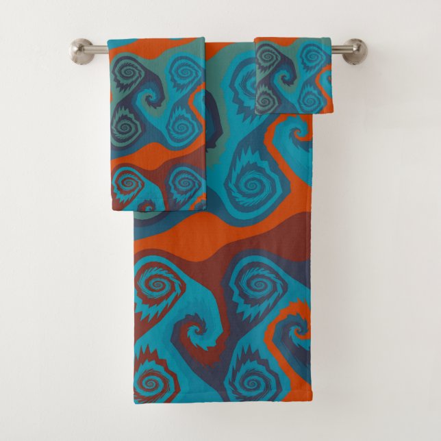 Orange and Turquoise Swirl abstract Bath Towel Set (Insitu)