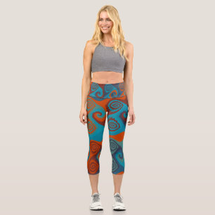 Orange and Turquoise Swirl abstract Capri Leggings