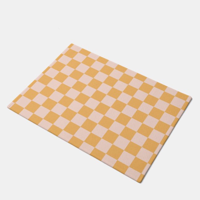 Orange and Unbleached Silk Chequerboard Doormat (Angled)