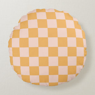 Orange and Unbleached Silk Chequerboard Round Pillow
