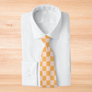 Orange and Unbleached Silk Chequerboard Tie