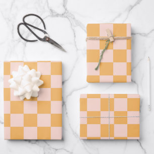 Orange and Unbleached Silk Chequerboard Wrapping Paper Sheet