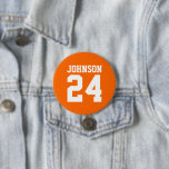 Orange and White Athlete Name Jersey Number 3 Inch Round Button<br><div class="desc">Cheer on your favourite sports team, football player or just show off your school pride with a custom personalized spirit button! Add your school name or personalize with a player's name and jersey number. Perfect for football, basketball, baseball and soccer games! Create custom pins for the whole team, cheerleaders, parents...</div>