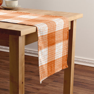 Orange and White Bold Checkered Plaid Design Short Table Runner