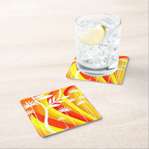 Orange and White Botanical Illustration Square Paper Coaster