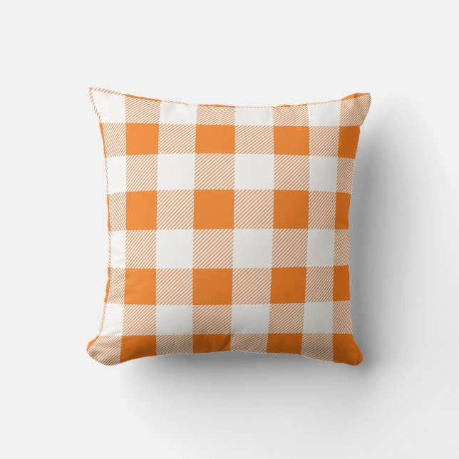 Orange and White Buffalo Check Plaid Rustic Outdoor Pillow (Front)