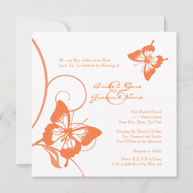 Orange and white Butterfly Wedding Invitation (Front)