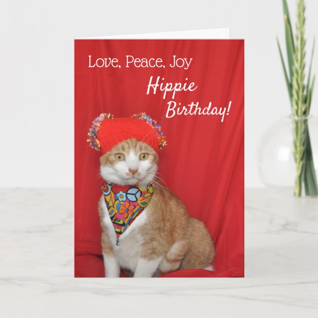 Orange and white cat Hippy Birthday card (Front)