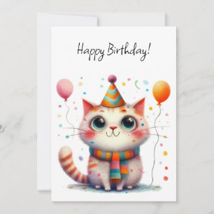 Orange and White Cat in Party Hat Flat Birthday Card