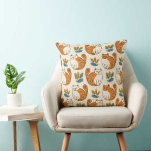 Orange and White Cats Naive Art Style Throw Pillow