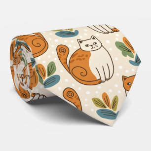 Orange and White Cats Naive Art Style Tie