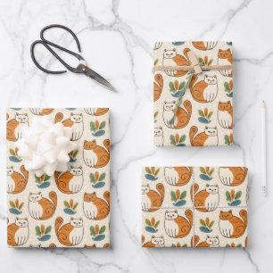 Orange and White Cats Naive Art Style Wrapping Paper Sheet