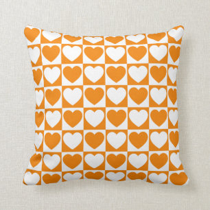 Orange and White Checkered Pattern With Hearts Throw Pillow