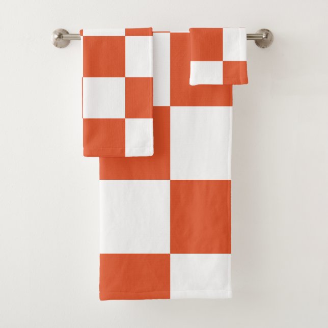 Orange and White Chequerboard Pattern Bath Towel Set (Insitu)